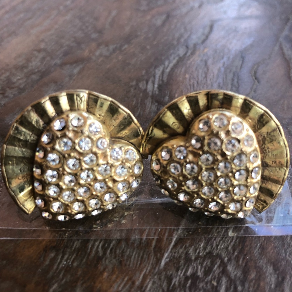 Gold with rhinestone heart earrings in an art deco style, clip-on